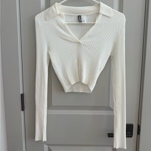 H&M Cream Ribbed V-Neck Blouse